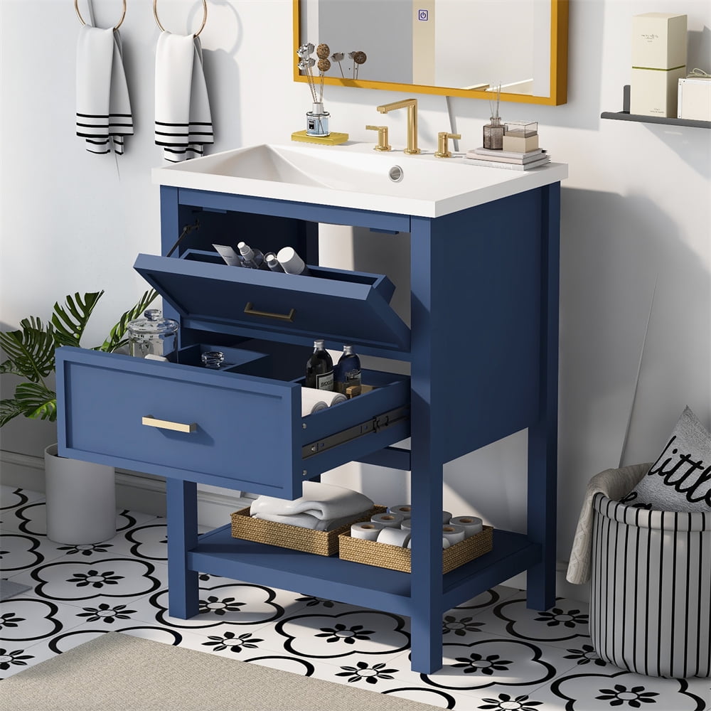 24'' Bathroom Vanity with Sink, Modern Bathroom Sink Cabinet with Flip Drawer, U-shaped Drawer and Shelf, Single Sink Bathroom Vanity, Easy to Assemble, Blue