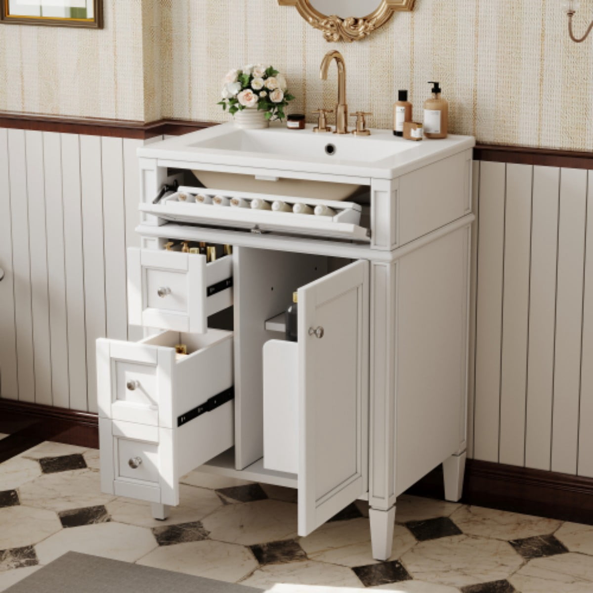 24" Bathroom Vanity with Sink, Modern Freestanding Bathroom Vanity Cabinet with Ceramic Sink, 3 Drawers & Tip-Out Drawer, Adjustable Shelf, Green Storage Cabinet, White