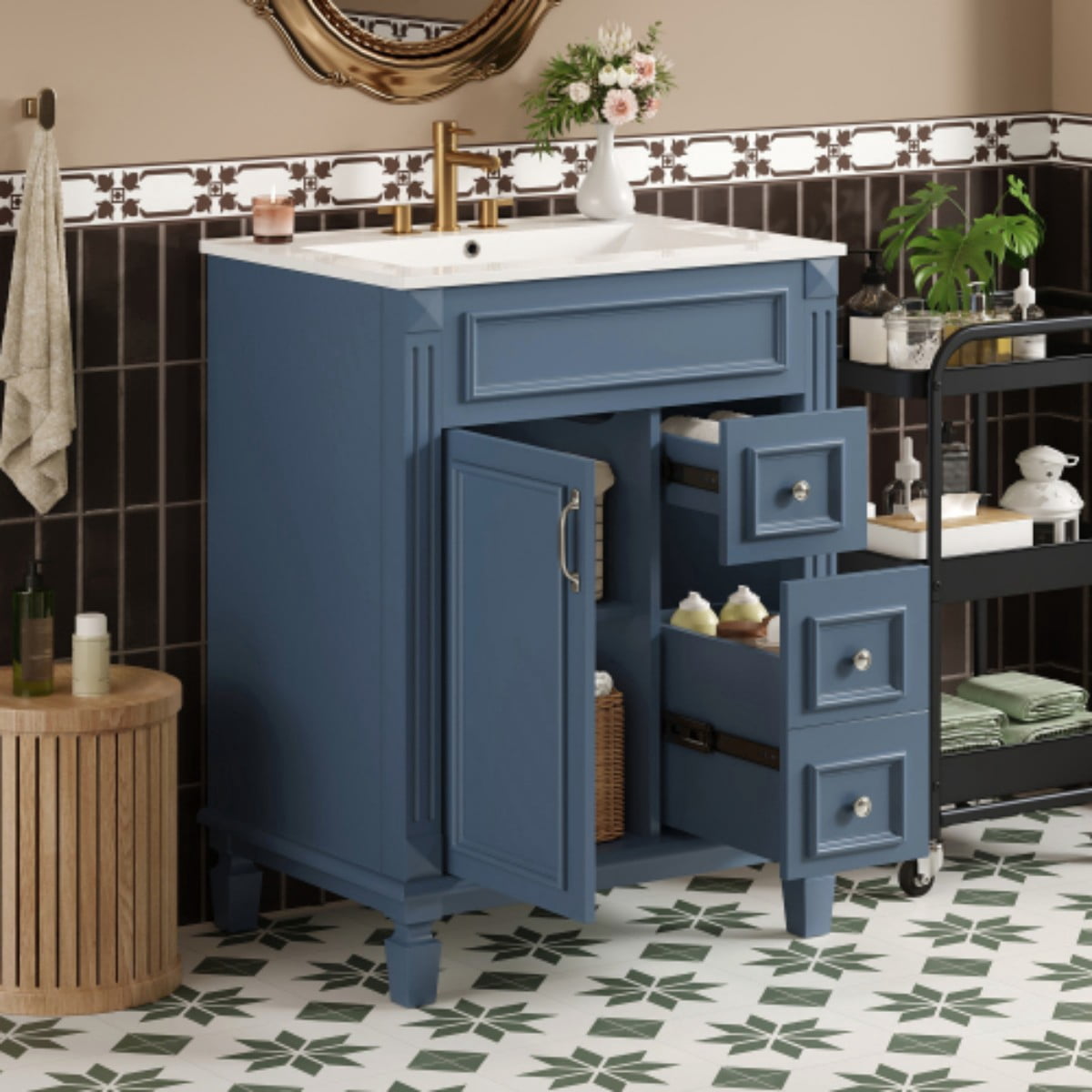 24" Bathroom Vanity with Sink, Modern French Style Bathroom Cabinet with Ceramic Sink, Small Bathroom Storage Cabinet with 2 Drawers, Adjustable Shelf, Blue