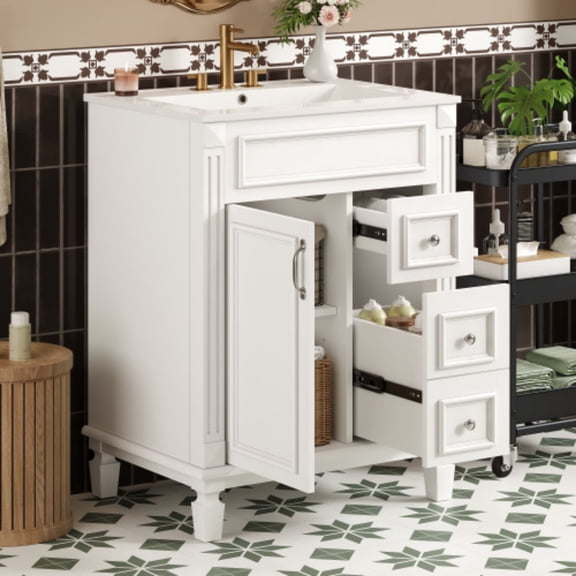 24" Bathroom Vanity with Sink, Modern French Style Bathroom Cabinet with Ceramic Sink, Small Bathroom Storage Cabinet with 2 Drawers, Adjustable Shelf, White