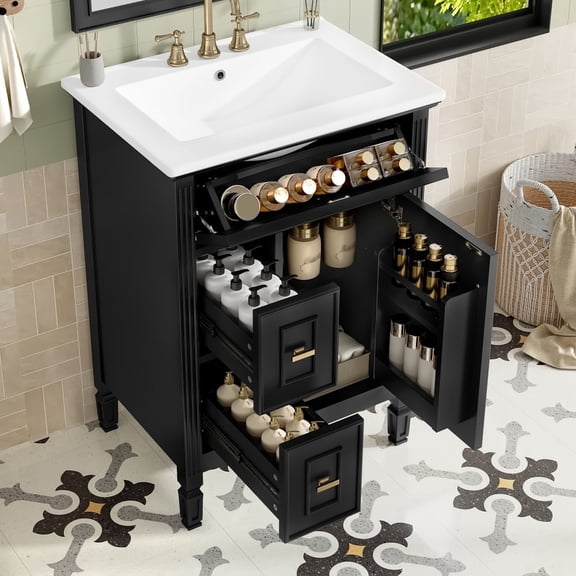 24" Bathroom Vanity with Sink, Solid Wood & MDF Cabinet, One Flip Drawer + Two Drawers, Adjustable Shelf, Overflow Protection Ceramic Sink, Easy Clean, Black