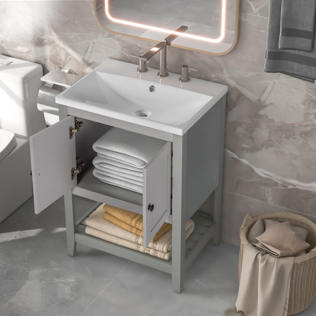 24" Bathroom Vanity with Sink Top, Bathroom Sink Cabinet with Doors and Open Shelf, Modern Small ...
