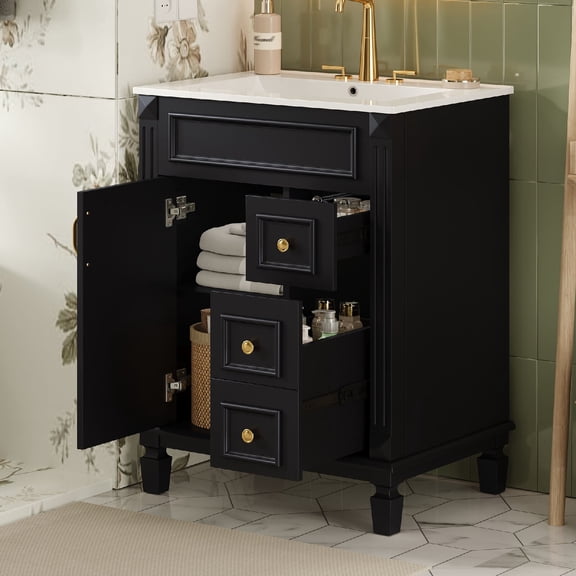 24" Bathroom Vanity Storage Cabinet with Sink and Ceramic Basin, Modern Multiple Storage Space Cabinet with 2 Drawers and Adjustable Shelf,Retro Metal Handles for Medium Bathrooms, Black