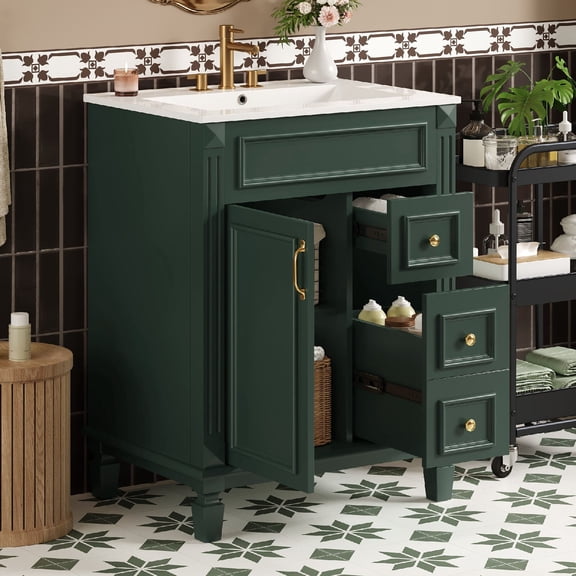 24" Bathroom Vanity Storage Cabinet with Sink and Ceramic Basin, Modern Multiple Storage Space Cabinet with 2 Drawers and Adjustable Shelf,Retro Metal Handles for Medium Bathrooms, Green