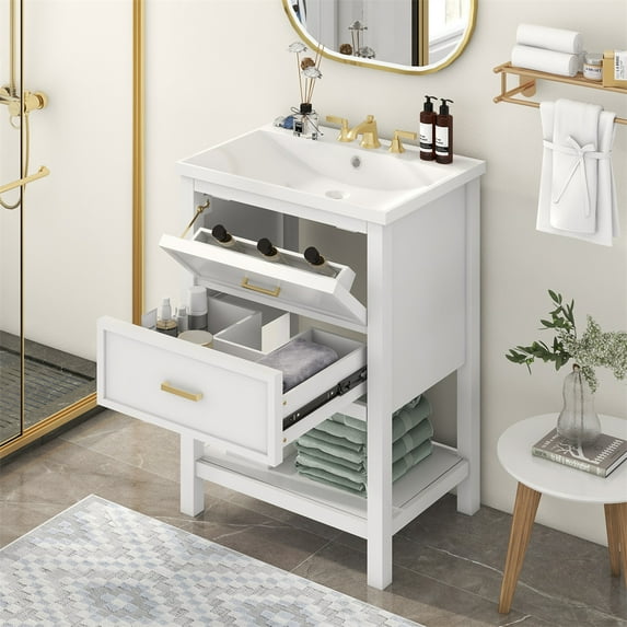 24" Bathroom Vanity with Top Sink, Modern Bathroom Storage Cabinet with 2 Drawers, Freestanding Single Sink Bathroom Vanity for Home Bathroom, Bedroom