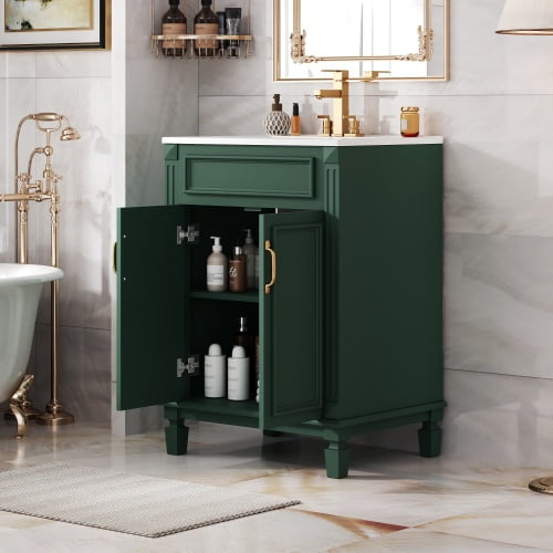 24" Bathroom Vanity with Top Sink, Modern Storage Cabinet with 2 Soft-Closing Doors & Adjustable Shelf, Solid Wood Frame, Compact for Small Bathrooms, Green