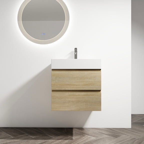 24" Bathroom Vanity Wall Mounted With Resin Sink, 2 Soft Close Drawers, Oak, Stylish Cabinet Modern Sink And Regal