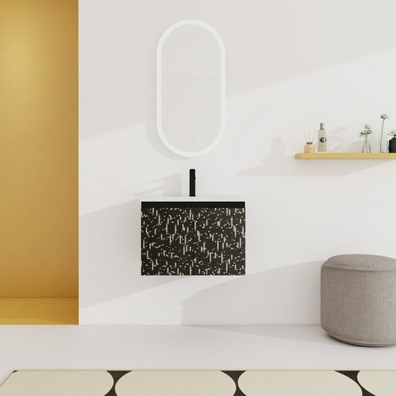 24'' Bathroom Vanity With Ceramics Sink & Soft-close Cabinet Door - Black Modern Wall Mounted