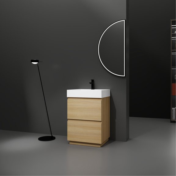 24" Bathroom Vanity in Oak Color, Engineered Wood, Multi-Purpose Storage Cabinet for Bathroom Essentials