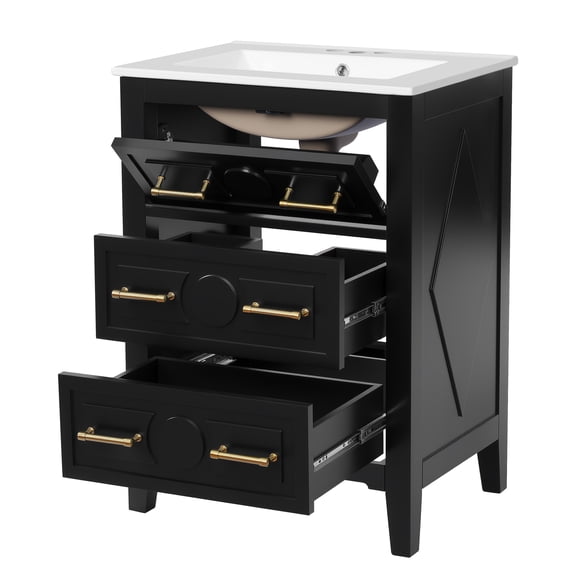 24'' Bathroom Vanity with Ceramic Sink Combo, Free Standing Single Vanity Set with 3 Drawers, Solid Wood Frame Bathroom Storage Cabinet