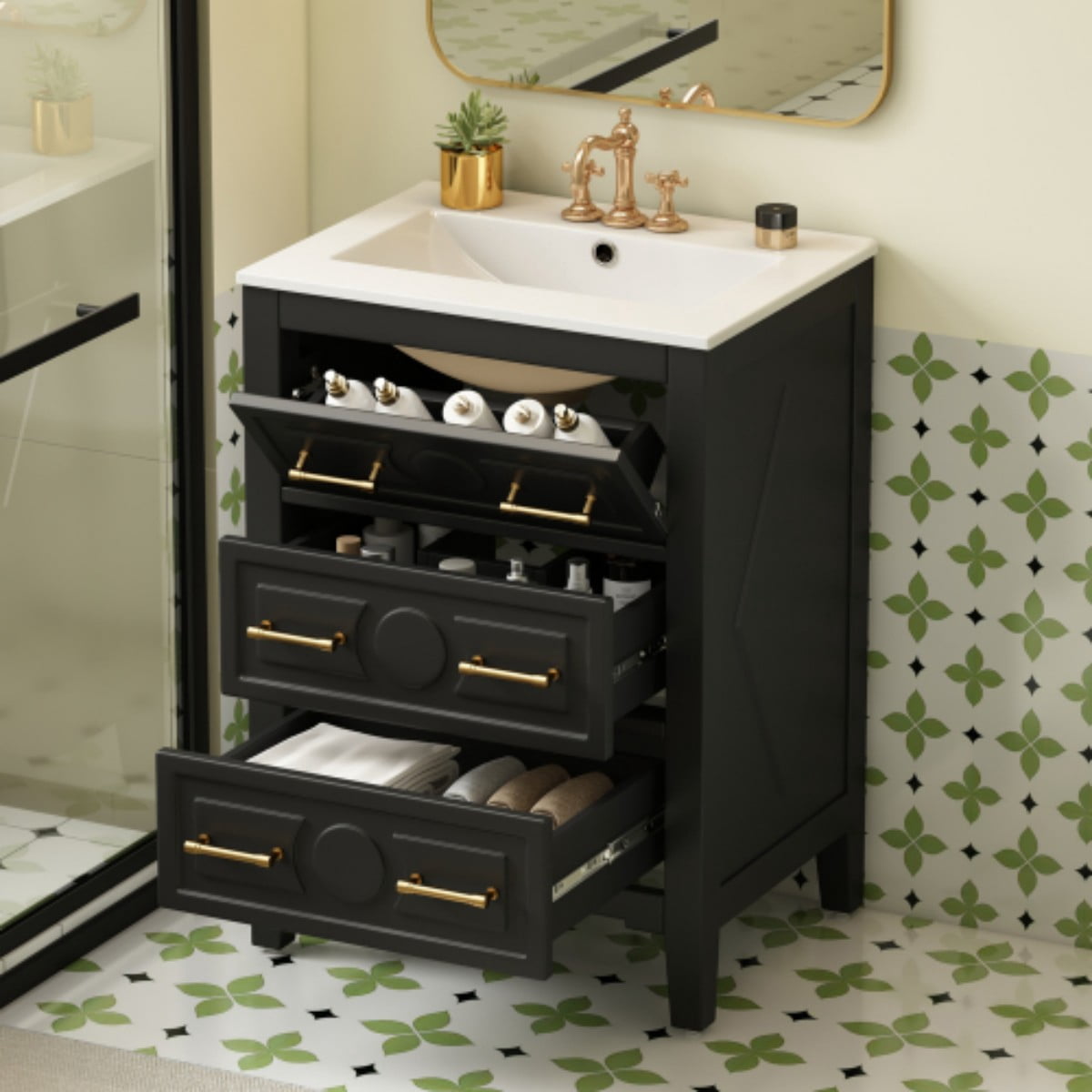 24" Bathroom Vanity with Ceramic Sink Combo, Freestanding Bathroom Storage Cabinet with 3 Drawers, Solid Wood Frame, Black