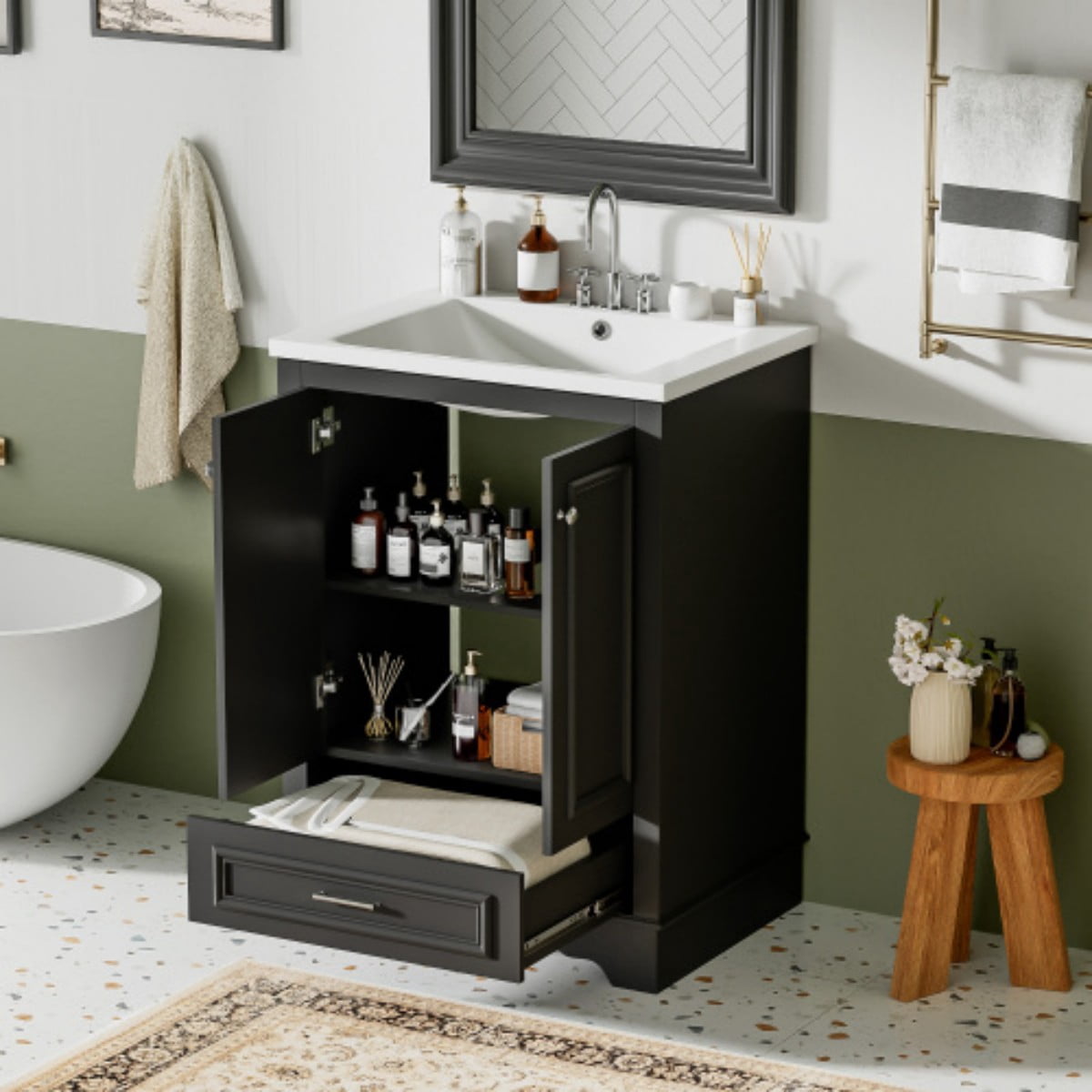 24" Bathroom Vanity with Ceramic Sink, Freestanding Bathroom Cabinet with Storage, Soft Close Doors, Adjustable Shelf, Silver Handles, Black