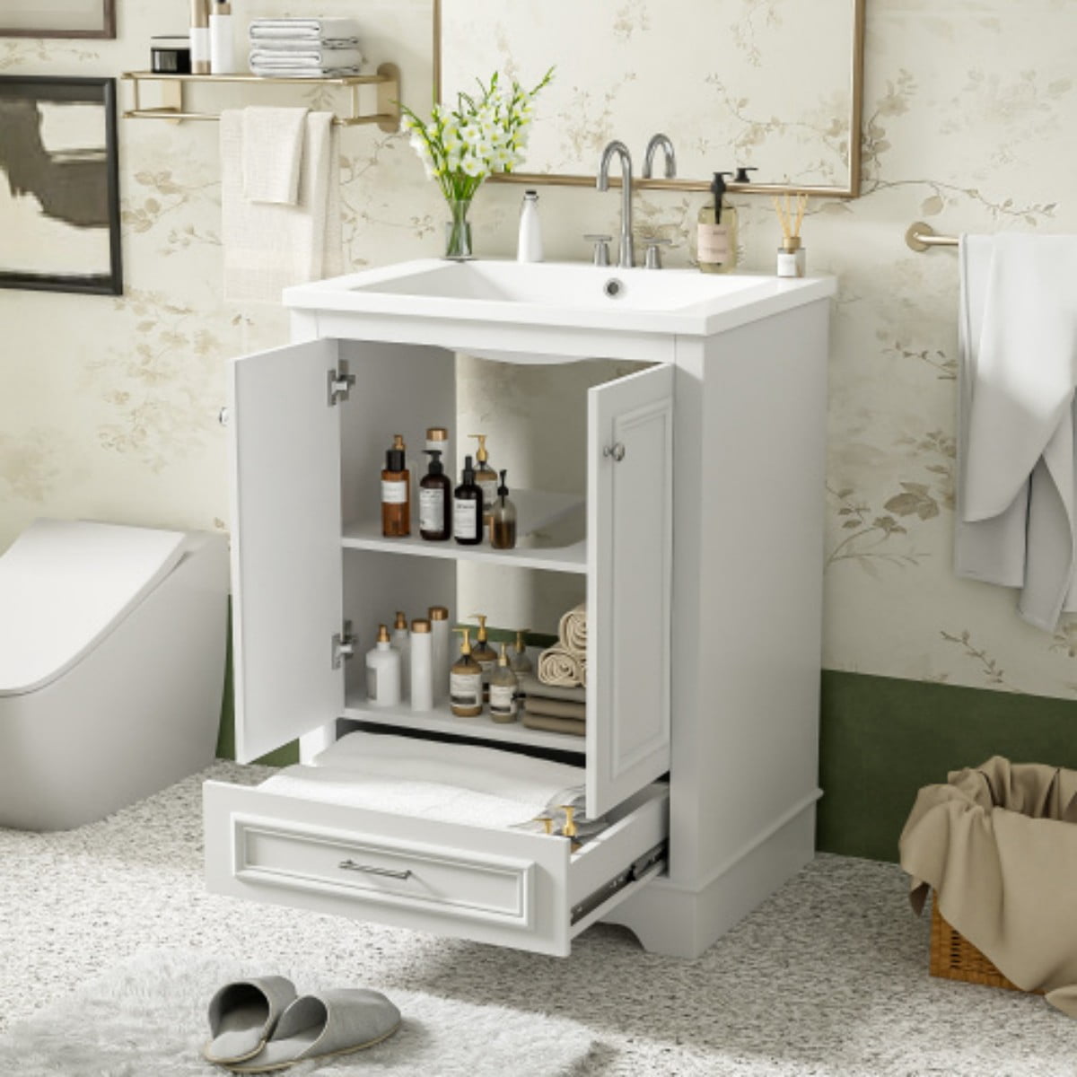 24" Bathroom Vanity with Ceramic Sink, Freestanding Bathroom Cabinet with Storage, Soft Close Doors, Adjustable Shelf, Silver Handles, White