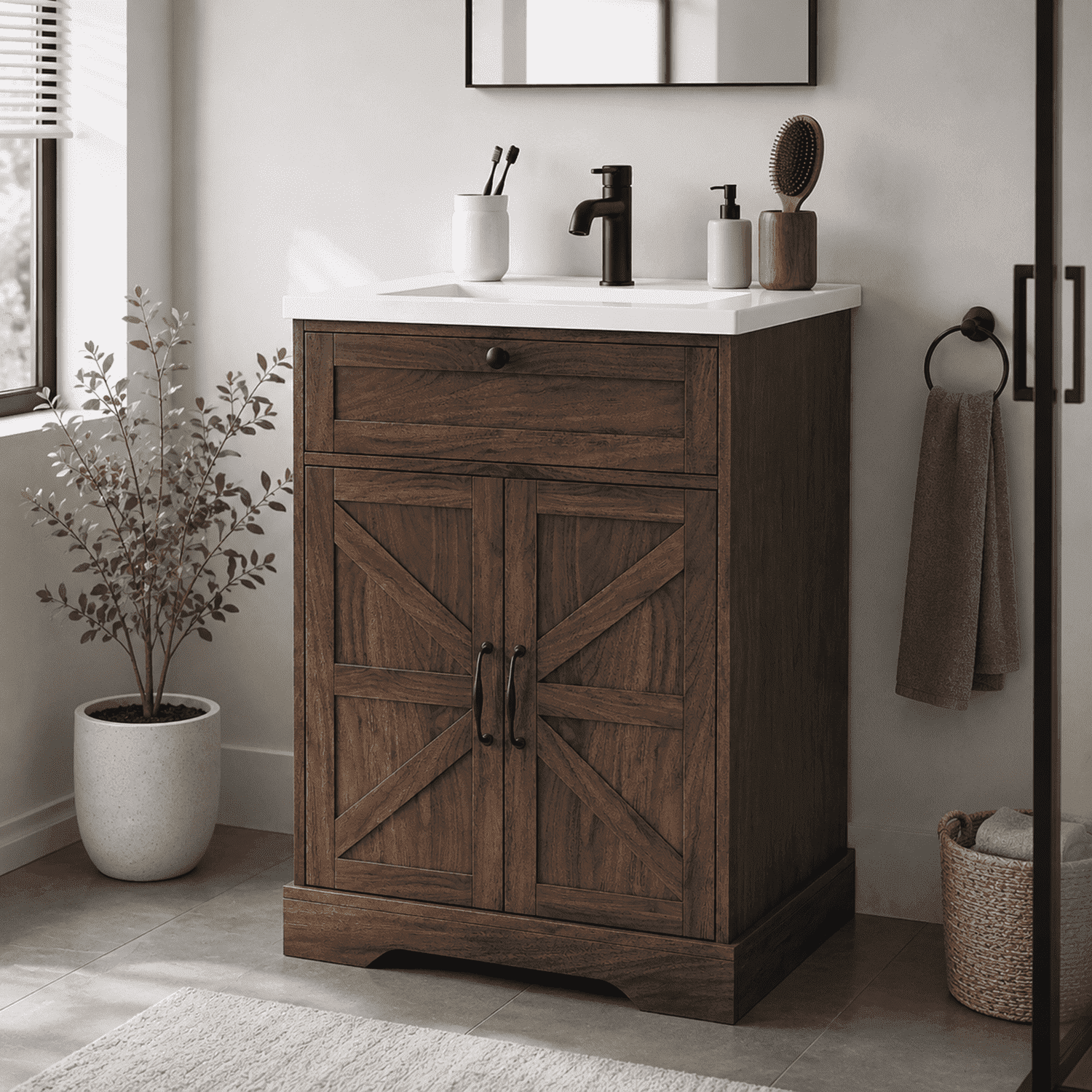 Semiocthome 24" Bathroom Vanity with Ceramic Sink, Freestanding Bathroom Storage Cabinet with Barn Door and Flip-Down Drawer, Walnut