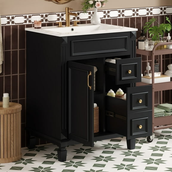24" Bathroom Vanity with Ceramic Sink, Small Bathroom Cabinet with 2 Drawers, Adjustable Shelf, and Soft-Close Design