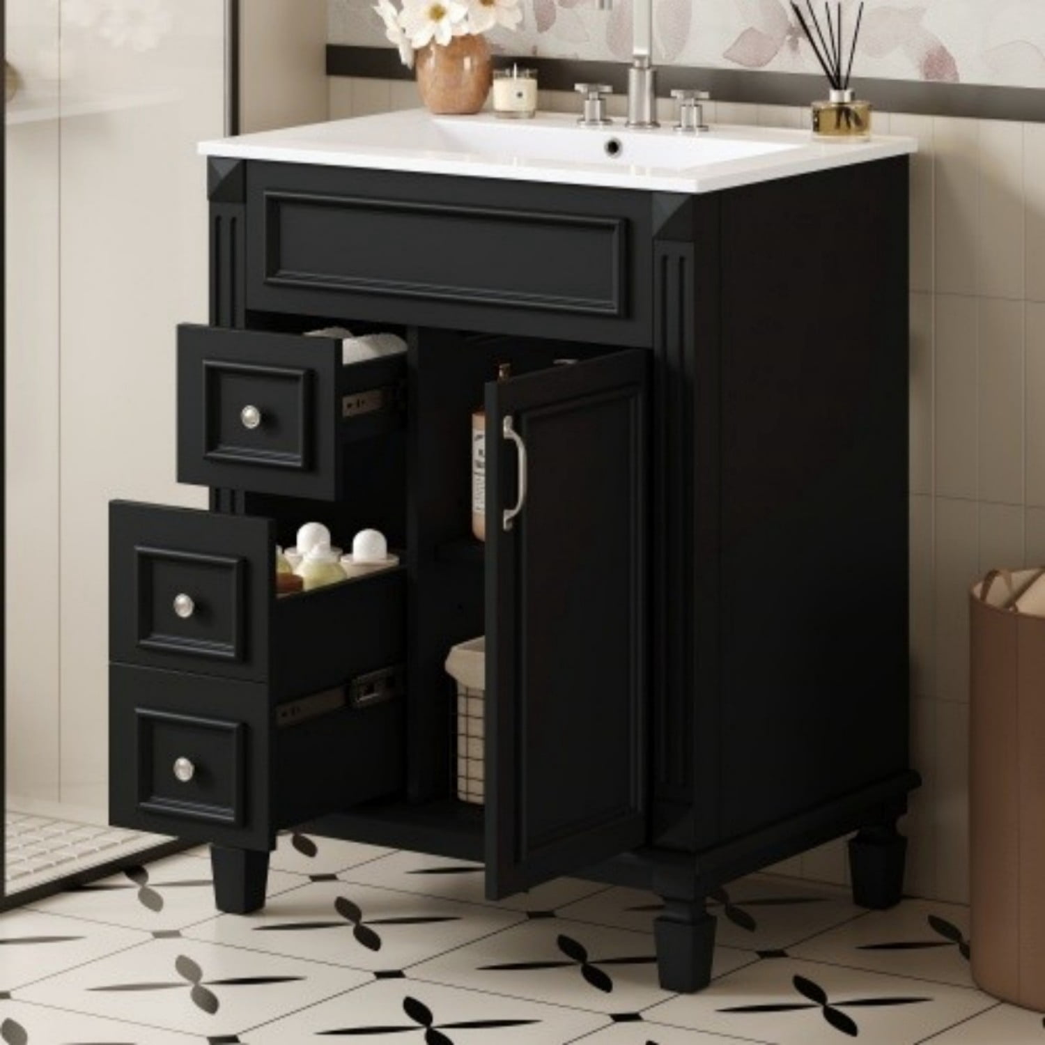 24" Bathroom Vanity with Ceramic Sink, Small Bathroom Vanity Cabinet with 2 Drawers, Adjustable Shelf, Soft-Close Door, Black