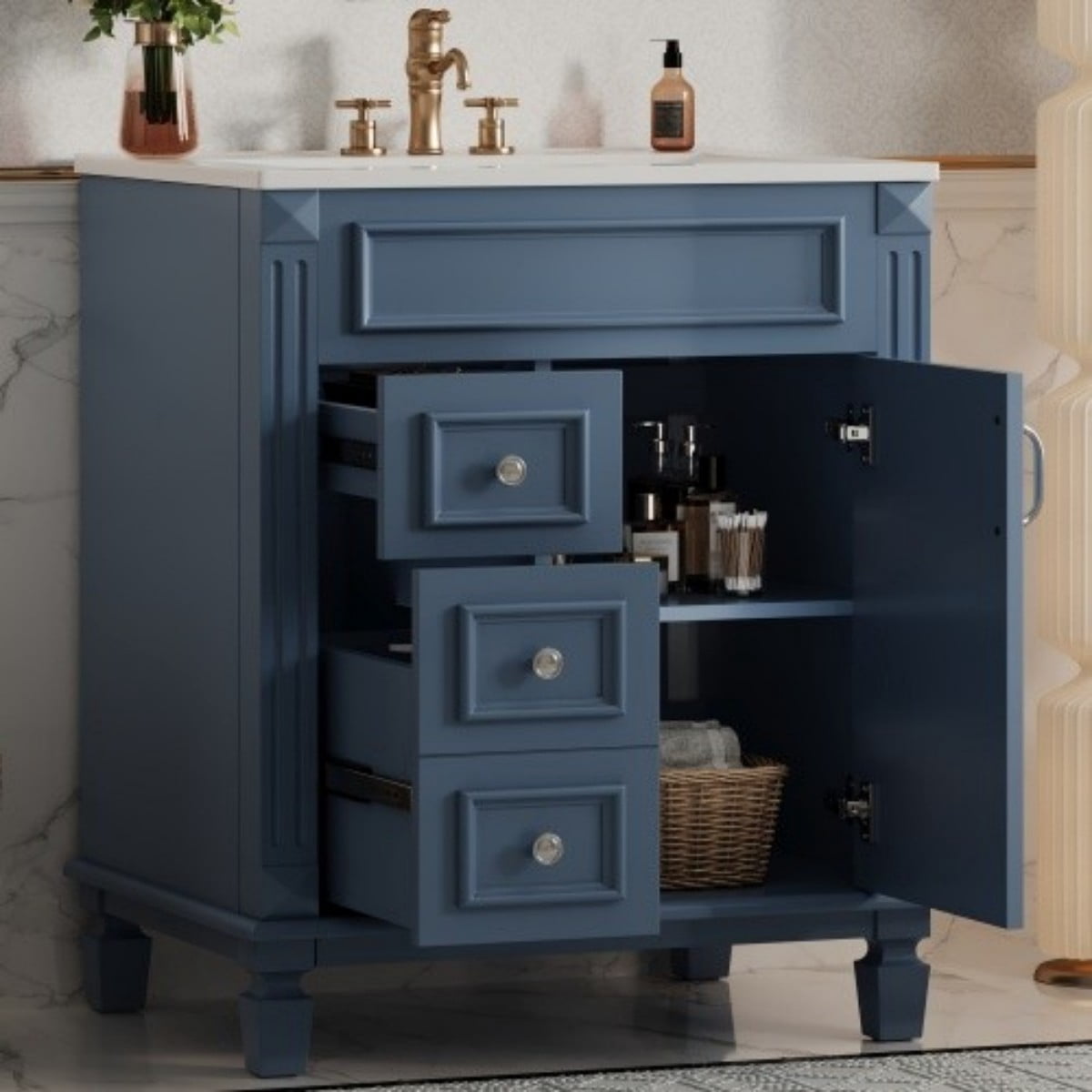 24" Bathroom Vanity with Ceramic Sink, Small Bathroom Vanity Cabinet with 2 Drawers, Adjustable Shelf, Soft-Close Door, Blue