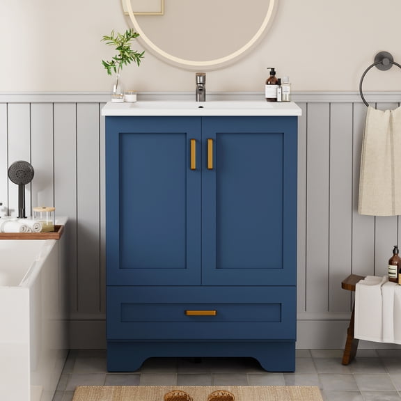 KZElegy 24" Bathroom Vanity with Ceramic Sink Freestanding Vanity Sink Cabinet with 2 Door & 1 Drawer,Blue