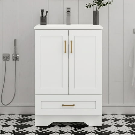 KZElegy  24" Bathroom Vanity with Ceramic Sink Freestanding Bathroom Vanity Cabinet with 2-Door & 1-Drawer,Metal Handle,White