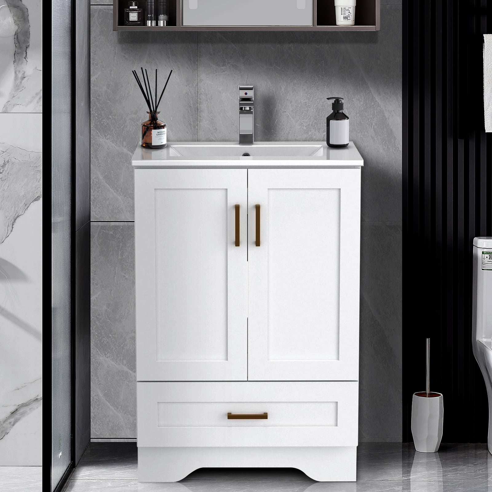 KZElegy  24" Bathroom Vanity with Ceramic Sink Freestanding Bathroom Vanity Cabinet with 2-Door & 1-Drawer,Metal Handle,White