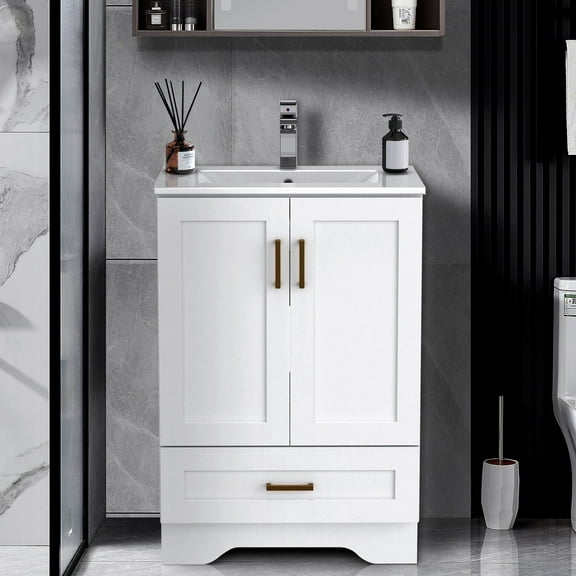 24" Bathroom Vanity with Ceramic Undermount Sink - Freestanding 2-Door & 1-Drawer Storage Cabinet, White