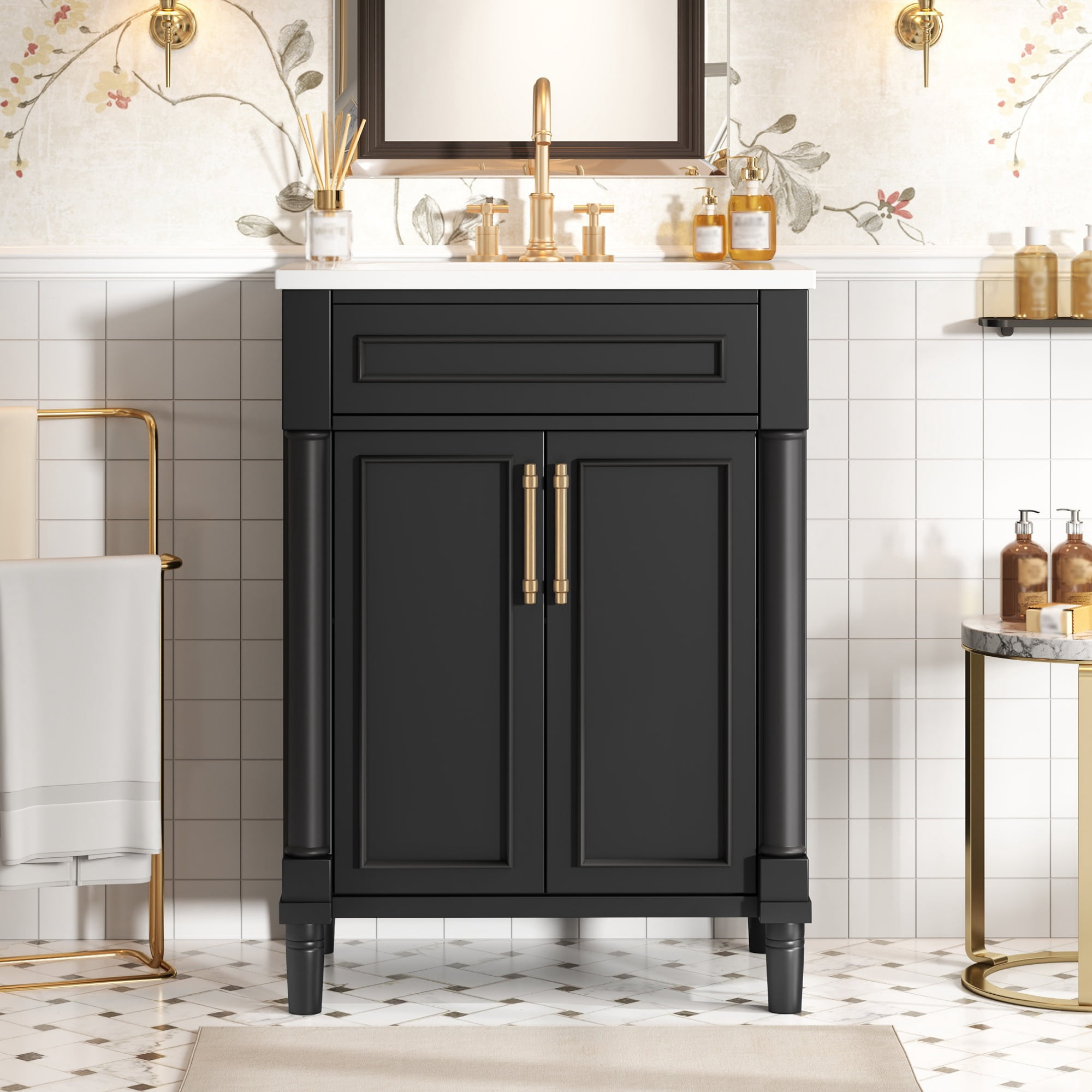24" Bathroom Vanity with Integrated Ceramic Sink, Bathroom Cabinet with 2 Doors, Single Sink Bathroom Vanity for Small and Medium Restroom