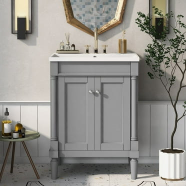 24'' Bathroom Vanity with Sink, 2-Tier Modern Bathroom Storage Cabinet, Single Sink Bathroom Vanity, Large Storage Shelves, Grey