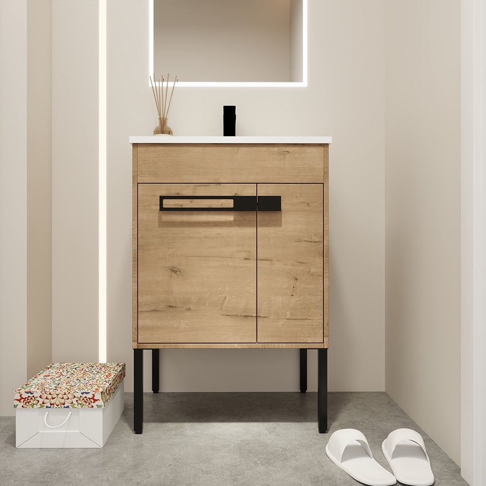 24" Bathroom Vanity with Sink Combo Bathroom Vanity Ceramic Single Basin Set with Doors Adjustable Shelves for Bathroom, Oak 24"
