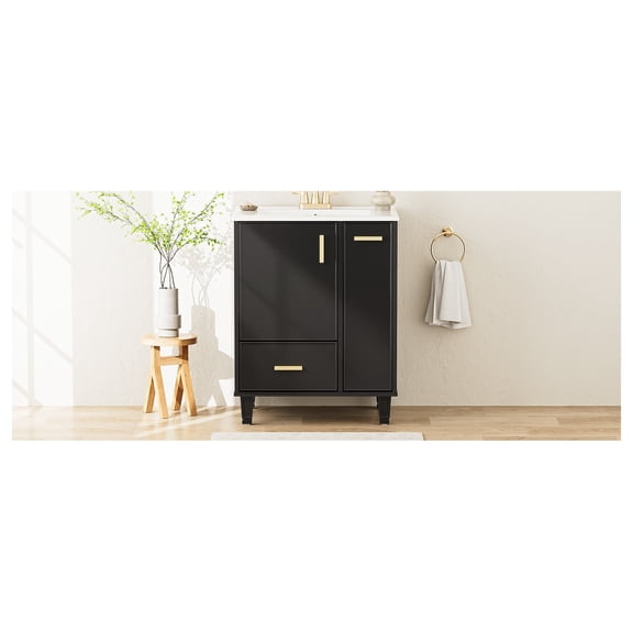 24" Bathroom Vanity with Sink, Freestanding Storage Cabinet with Door Shelf, Deep Drawer, 2-Tier Pull-Out Basket, Black Finish
