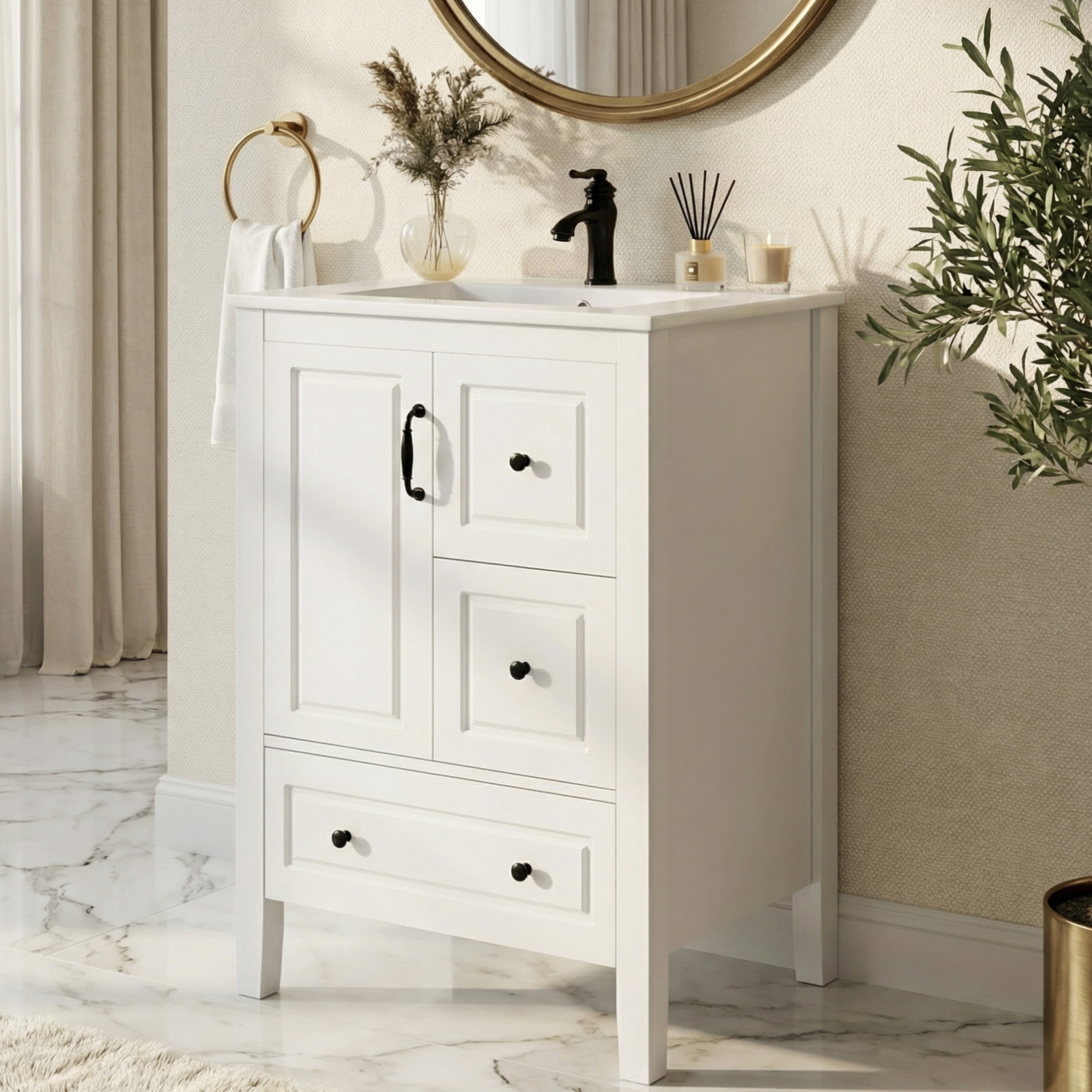 24" Bathroom Vanity with Sink, Freestanding Vanity Cabinet with 1 Door and 3 Drawers, White