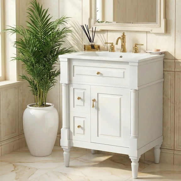 24" Bathroom Vanity with Sink, Rubberwood Vanity Cabinet with 1 Flip Drawer, 2 Drawers and 1 Cabinet Door with Built-in Double Shelves, White