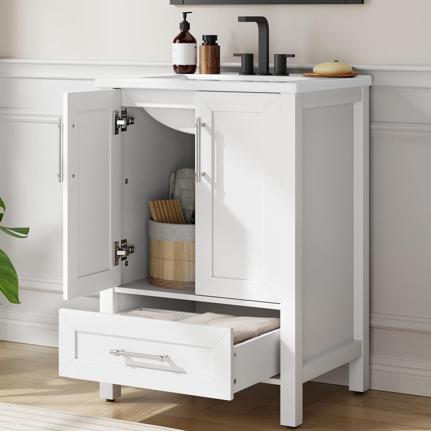 24" Bathroom Vanity with Sink, Vintage Bathroom Cabinet Vanity with Doors & Drawers, Farmhouse Wooden Freestanding Bathroom Cabinet with Top