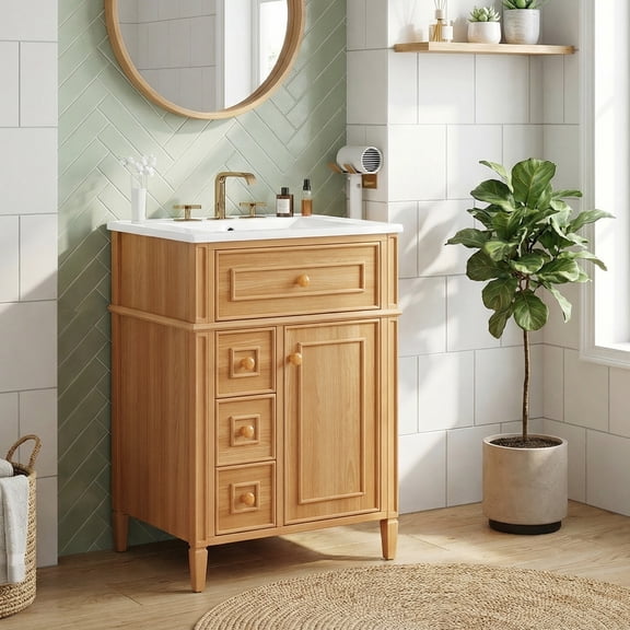 24" Bathroom Vanity with Sink, Wood Vanity Cabinet with Flip-Out Drawer, 2 Drawers and 1 Soft-Close Door