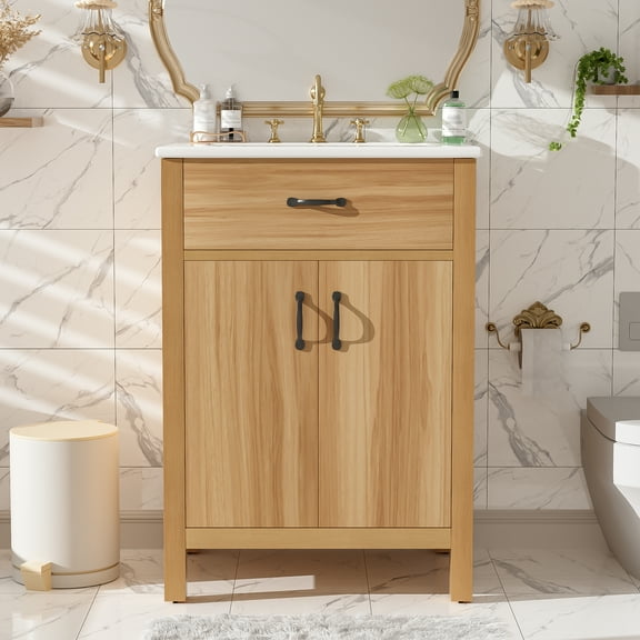 24" Bathroom Vanity with Solid Wood Frame, Flip Drawer, 2 Soft-Close Doors with Door Storage, Adjustable Shelf, and Modern Sink Cabinet