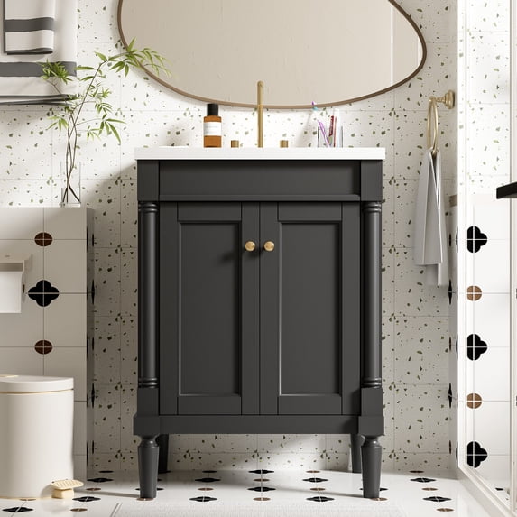 24'' Bathroom Vanity with Top Sink, 2-Tier Modern Bathroom Storage Cabinet, Single Sink Bathroom Vanity, Large Storage Shelves, Black