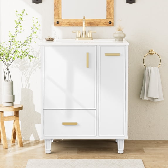 24" Bathroom Vanity with Undermount Sink, Solid Wood Frame Bathroom Cabinet with 2-tier Pull-out Basket and Deep Drawer, for Bathrooms, White