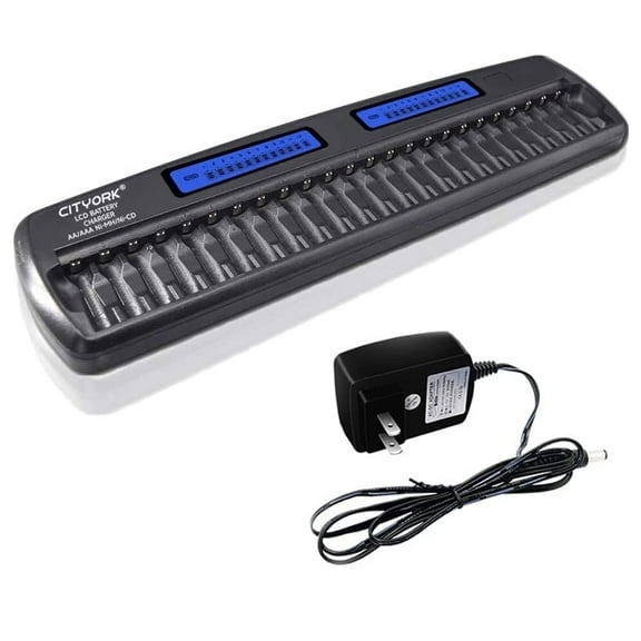 24 Bay Rechargeable Battery Charger with LCD Eye Protection Screen,Fast Charging for 1.2V AA AAA NiMH NiCD Rechargeable Batteries with Refresh Function with Battery Caes