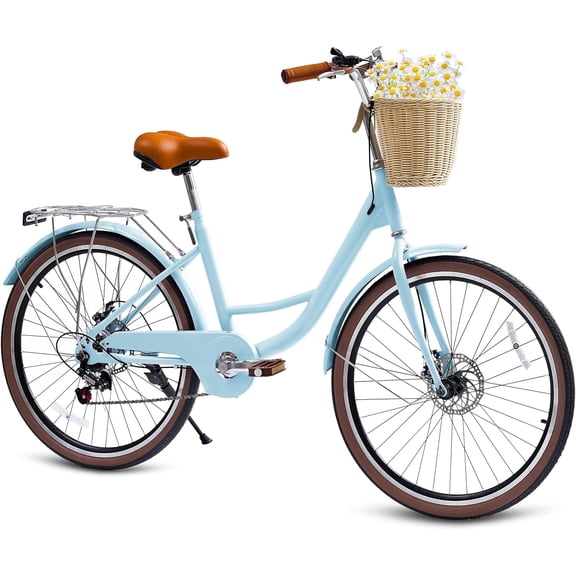24" Beach Cruisers for Women, NEORIVER Bikes for Women with Rattan Basket, 7-Speed & Step-Through Frame