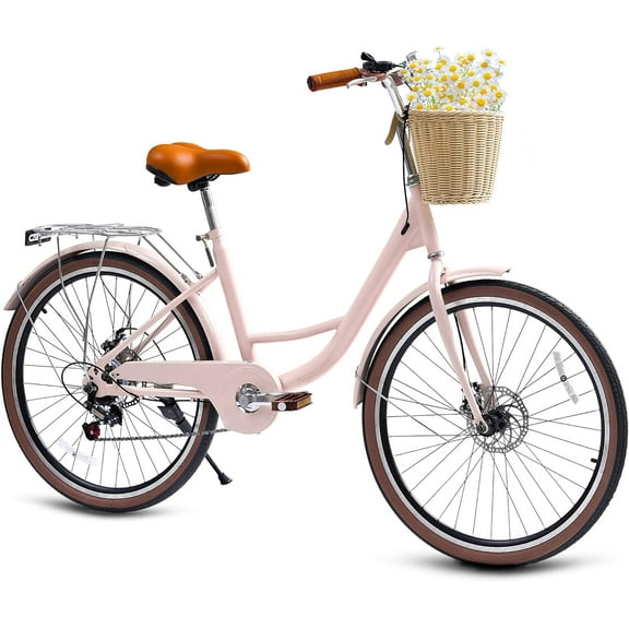 24" Beach Cruisers for Women, Pipleo Bikes for Women with Rattan Basket, 7-Speed & Step-Through Frame