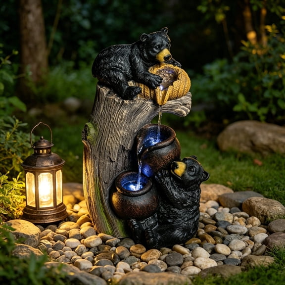 24" Bear Family Outdoor Water Fountain with LED Lights, 3-Tier Honey Pot and Tree Trunk Waterfall for Garden, Patio and Yard Decor
