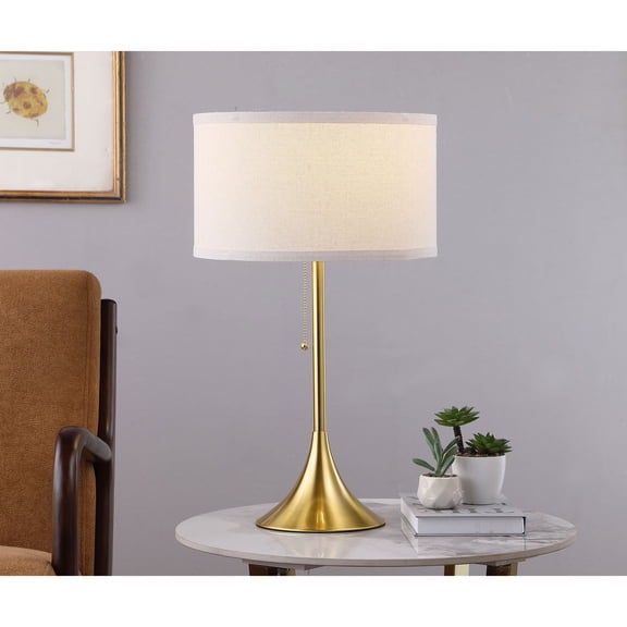 24" Beige Drum Shade Table Lamp with Gold Base, Modern Desk Lamp for Bedroom & Living Room (14"W x 14"D x 24"H)