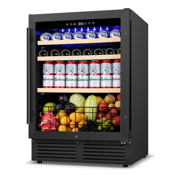24" Beverage Refrigerator 180 Cans Beverage Cooler Reversible Door Recessed Black Beer Fridge With 1 Basket
