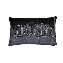 24" Black Hong Kong Nighttime Skyline Lumbar Decorative Pillow