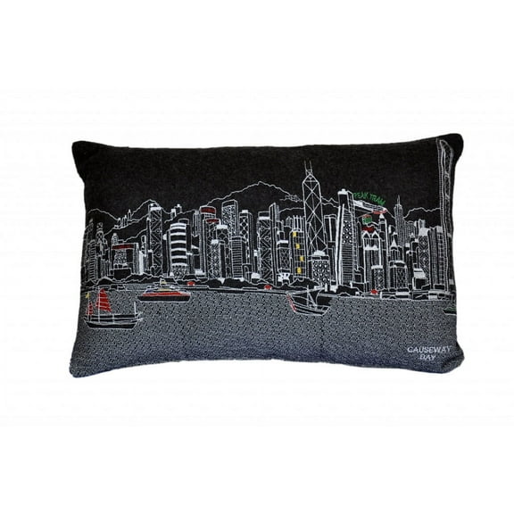 24" Black Hong Kong Nighttime Skyline Lumbar Decorative Pillow
