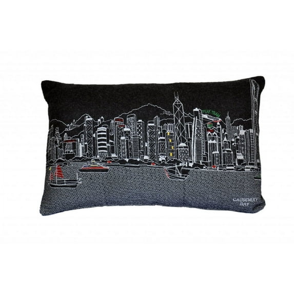24" Black Hong Kong Nighttime Skyline Lumbar Decorative Pillow