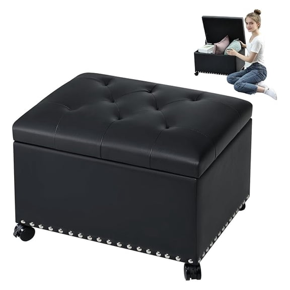 24" Black Leather Storage Ottoman with 360° Rolling Caster Wheels, Rectangle Foot Rest Stool for Living Room Bedroom, Easy Assembly