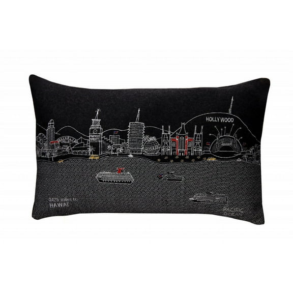 24" Black Los Angeles Nighttime Skyline Lumbar Decorative Pillow