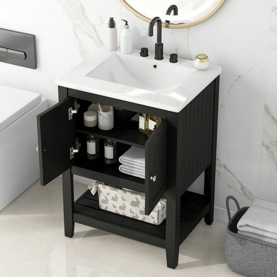 24" Black Modern Sleek Bathroom Vanity Elegant Ceramic Sink with Solid Wood Frame Open Style Shelf