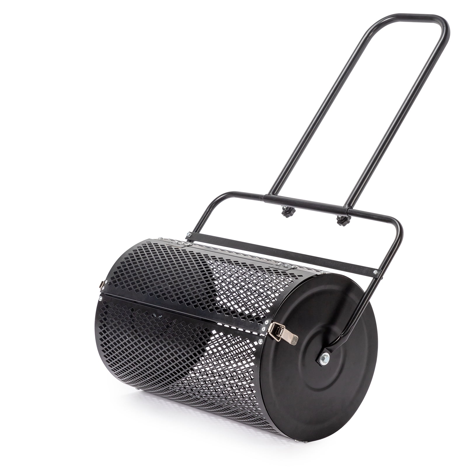 24" Black Powder-Coated Steel Lawn Compost Spreader Roller for Garden Topdressing & Seedling, Rust-Resistant, Heavy-Duty Mesh Basket with Secure Double Latches