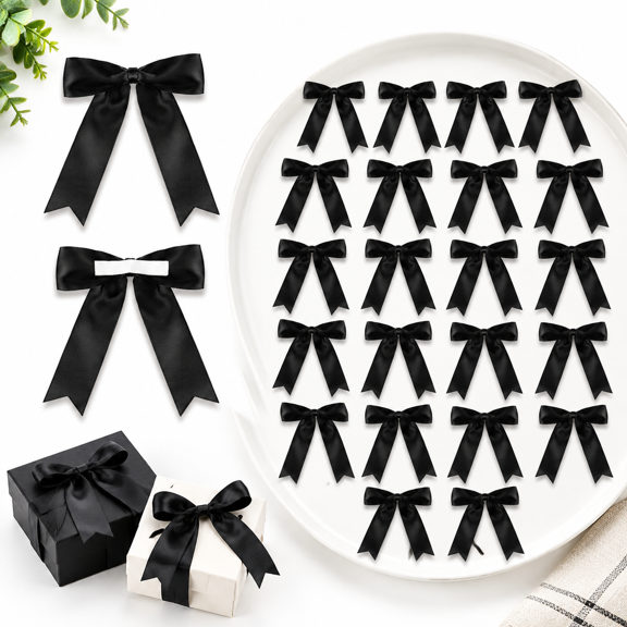 24 Black Satin Ribbon Bows 5x7 Inch Self Adhesive Craft Decorations